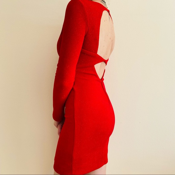 New City Studios Open Back Red Glitter Ling Sleeve Party Mini Dress Saffron red - Picture 2 of 7